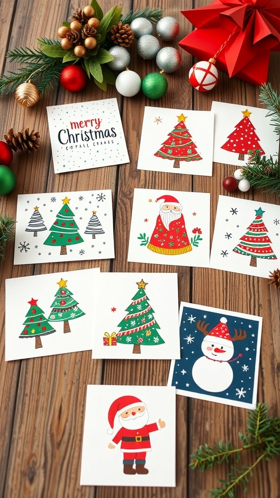 A variety of Christmas cards with doodles of snowflakes, trees, and Santa, displayed on a wooden table.